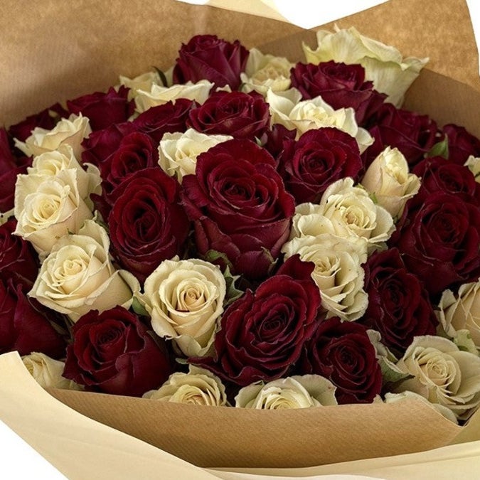 50 Hand-Tied Red and White Roses Bouquet