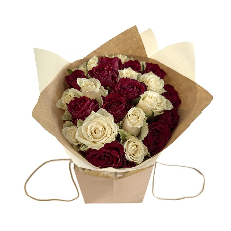 24 Hand-Tied Red and White Roses Bouquet