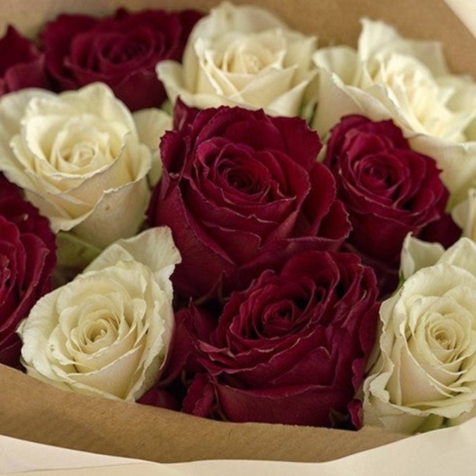 12 Hand-Tied Red and White Roses Bouquet